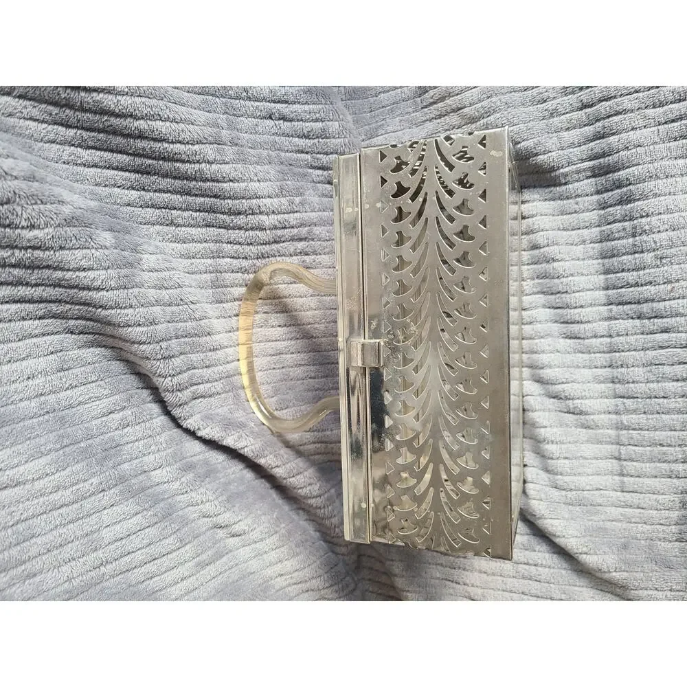 Vintage 1950s MCM clear etched floral Lucite & silver filigree chrome box purse
